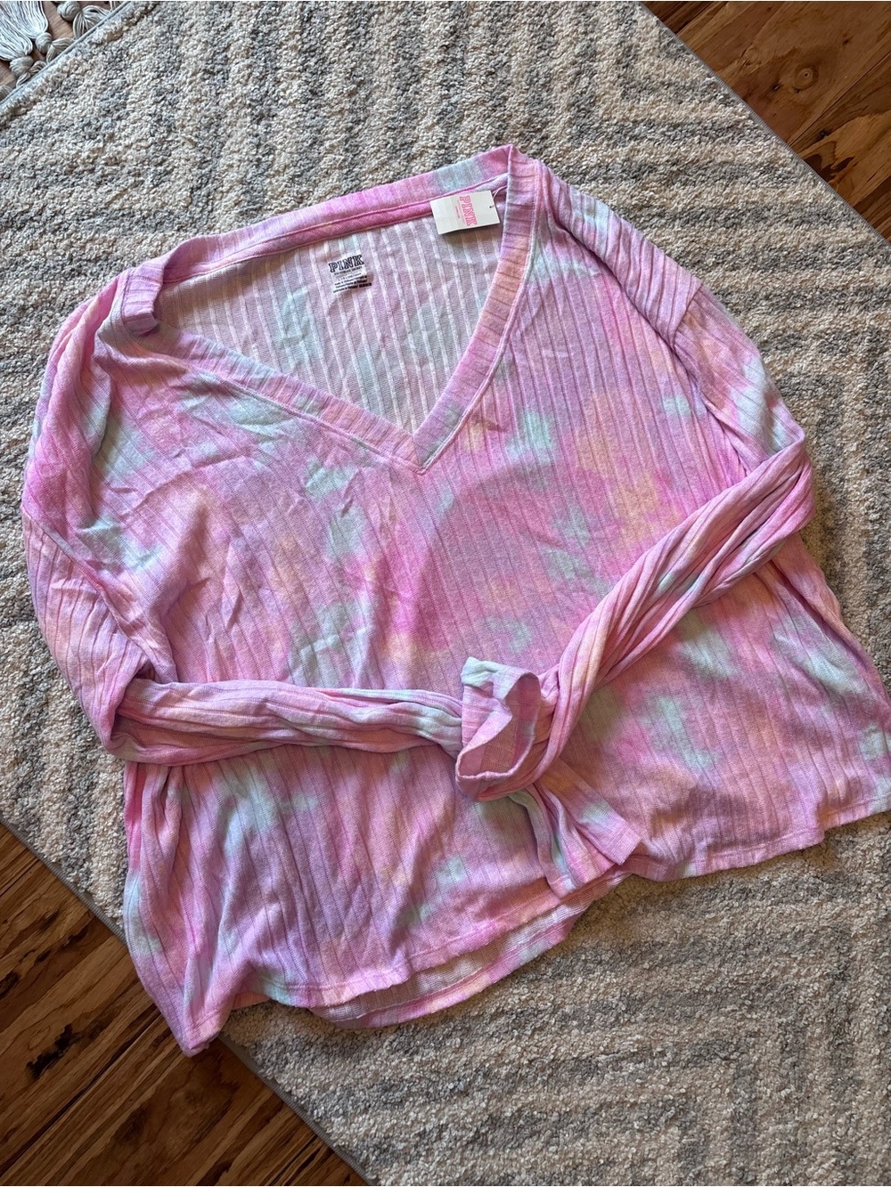 PINK Victoria's Secret Pink and Light Teal Tie-Dye V-Neck Ribbed Top